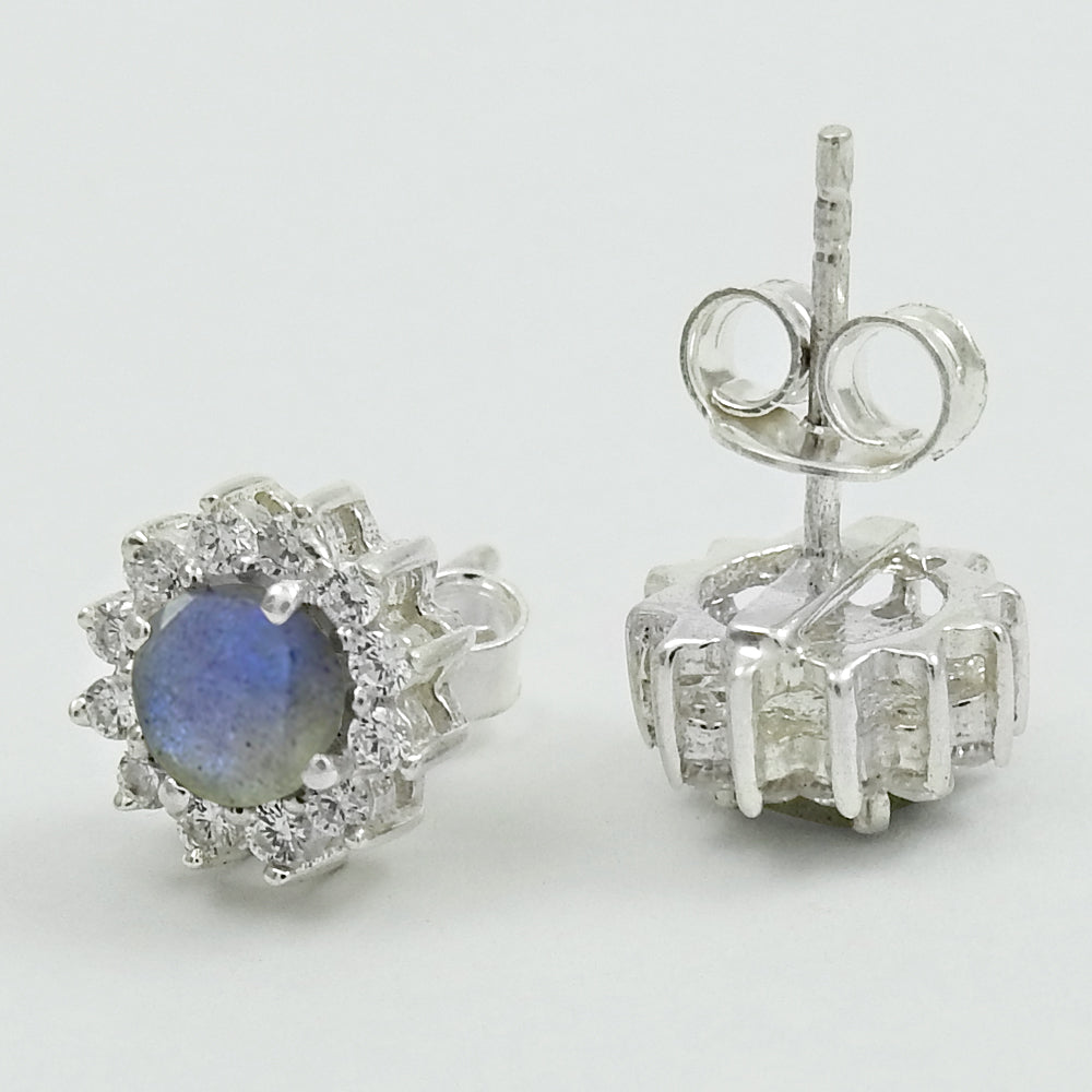 Sterling Silver Round Labradorite Stud Post Rhodium Plated Butterfly Earrings