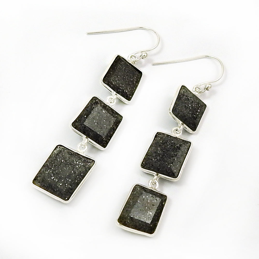 Black Sunstone Earrings Solid 925 Sterling Silver Jewelry