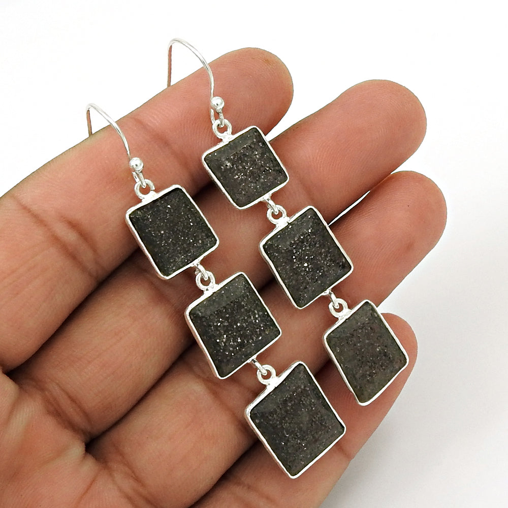 Black Sunstone Earrings Solid 925 Sterling Silver Jewelry