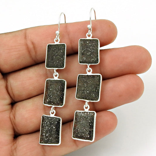 Natural Black Sunstone 925 Sterling Silver Earrings Women Gift