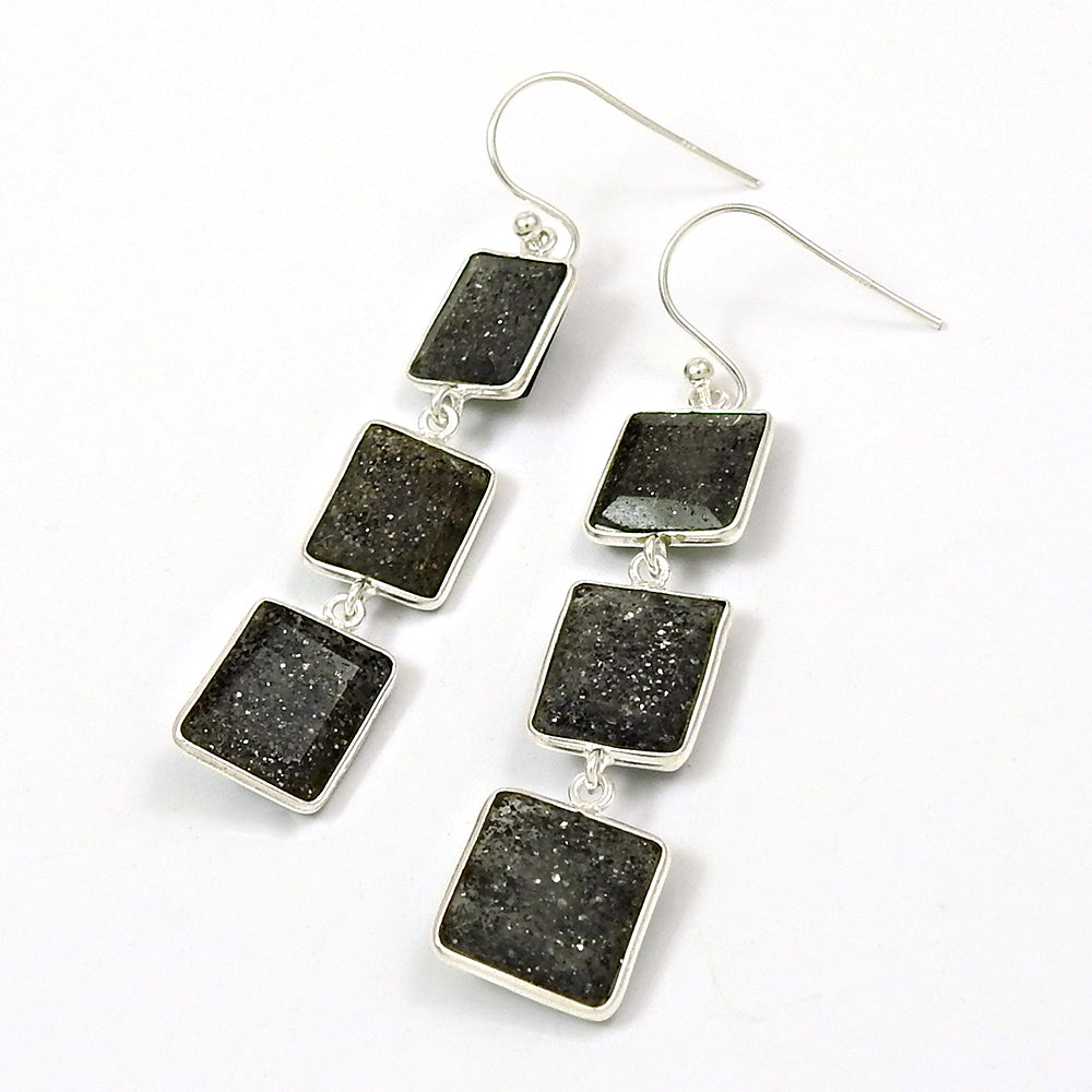 925 Sterling Silver Natural Black Sunstone Earrings