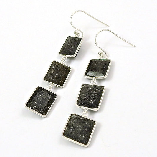 925 Sterling Silver Natural Black Sunstone Earrings