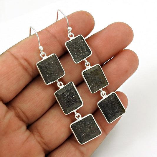 925 Sterling Silver Natural Black Sunstone Earrings