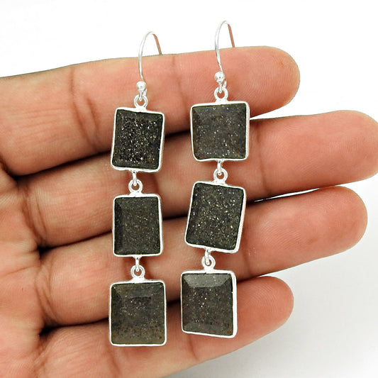 925 Sterling Silver Black Sunstone Earrings