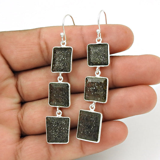Solid 925 Silver Black Sunstone Earrings Jewelry