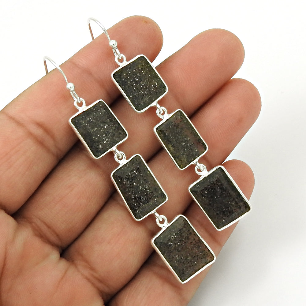 Solid 925 Silver Natural Black Sunstone Earrings