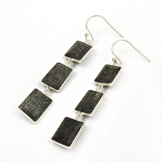 Solid 925 Silver Natural Black Sunstone Earrings