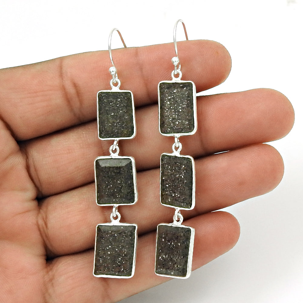 Solid 925 Silver Black Sunstone Earrings