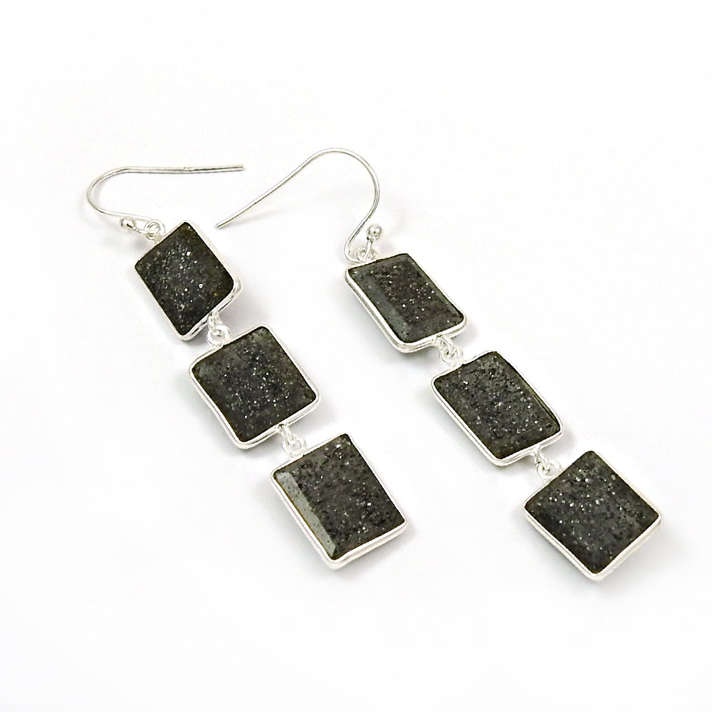Solid 925 Silver Black Sunstone Earrings