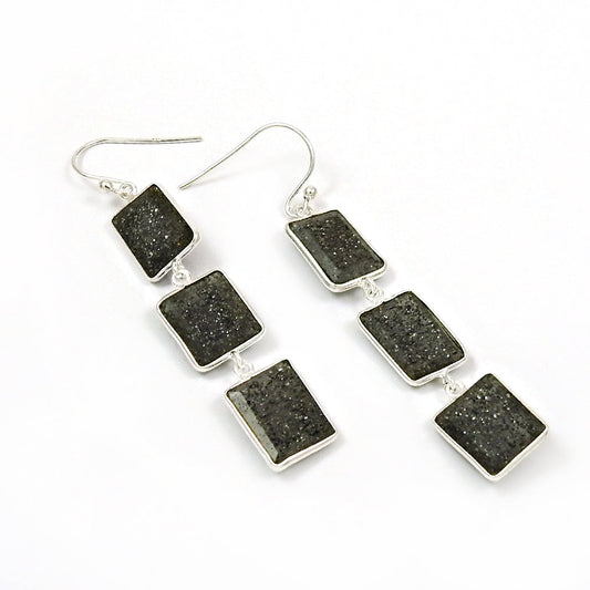Solid 925 Silver Black Sunstone Earrings