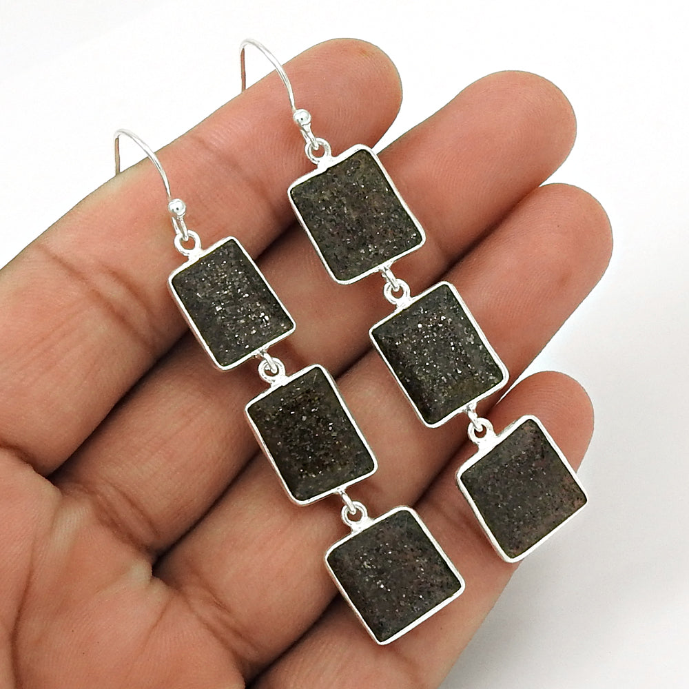 Women Gift 925 Sterling Silver Natural Black Sunstone Earrings