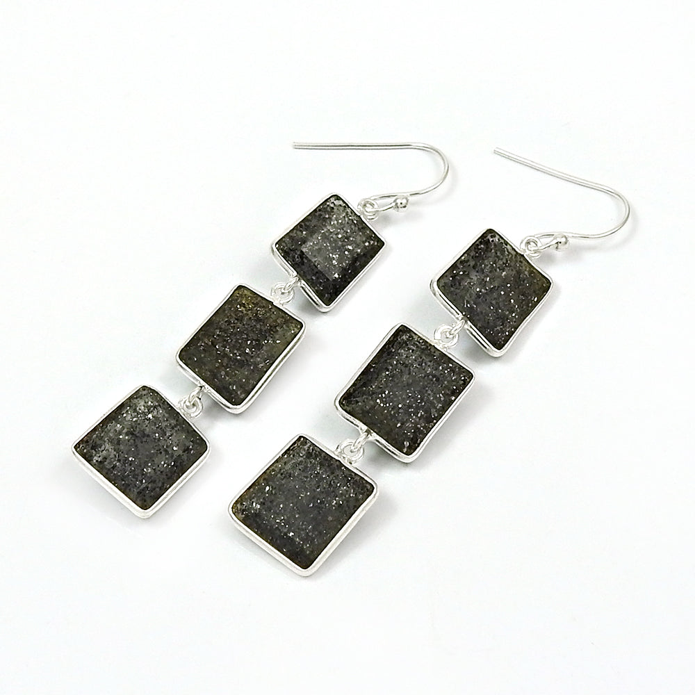 Women Gift 925 Sterling Silver Natural Black Sunstone Earrings