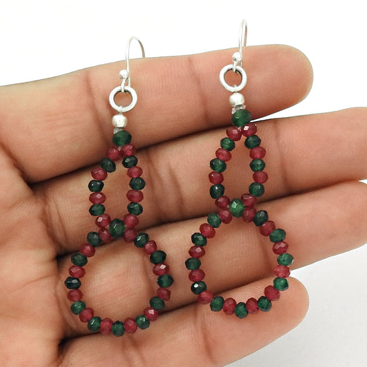 Beaded Ruby Emerald Earrings 925 Silver Jewelry
