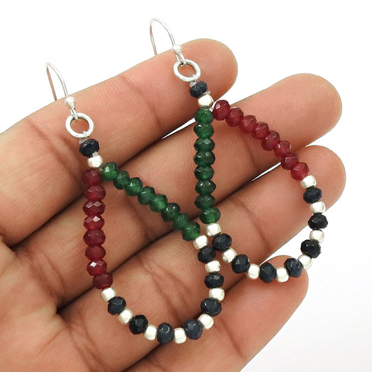 925 Silver Ruby Emerald Blue Sapphire Beaded Earrings