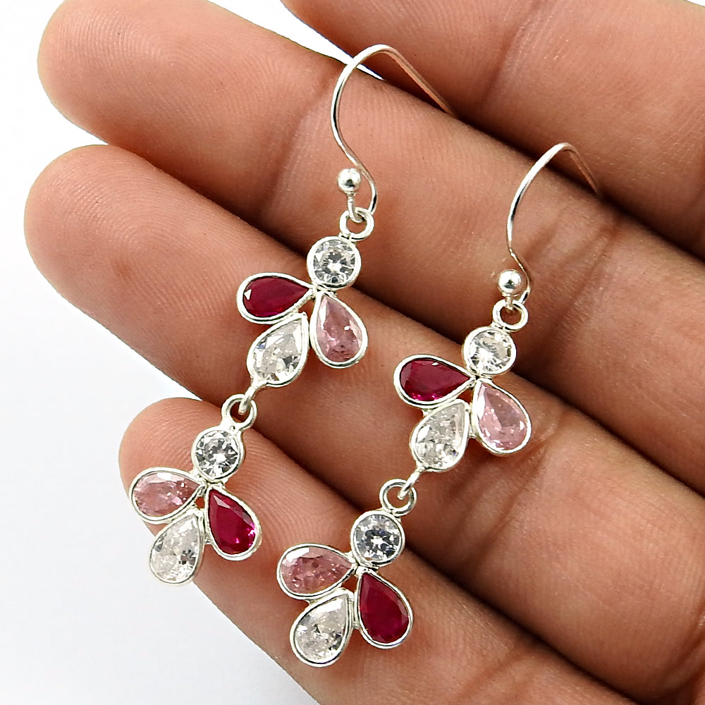 Natural Cubic Zirconia Gemstone Drop Dangle Boho Earrings 925 Silver R16
