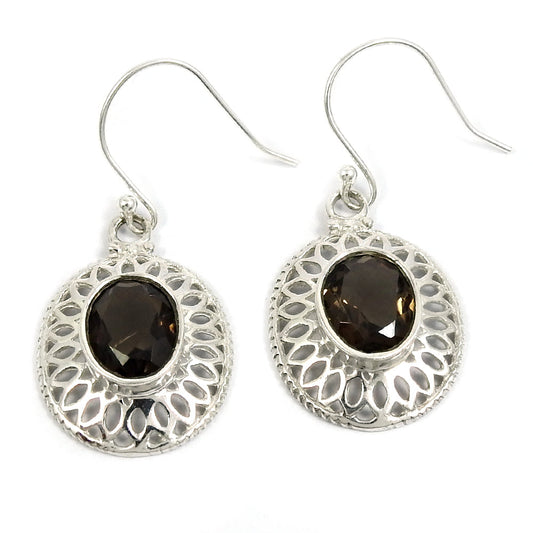 Gift For Woman Drop Dangle Boho Earrings 925 Silver Natural Smoky Quartz V17