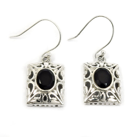 Woman Gift 925 Silver Natural Black Onyx Gemstone Dangle Bohemian Earrings F18