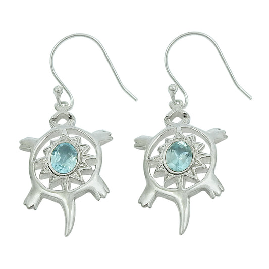 Natural Aqua Blue Topaz Gemstone Turtle Earrings 925 Sterling Silver Jewelry Q2