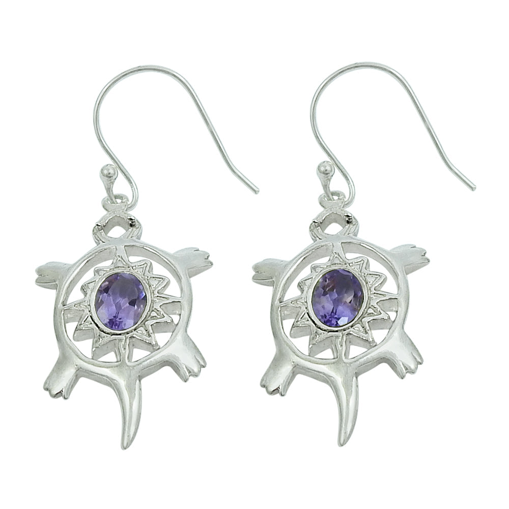 925 Sterling Silver Natural Amethyst Drop Bezel Turtle February Birth Earrings