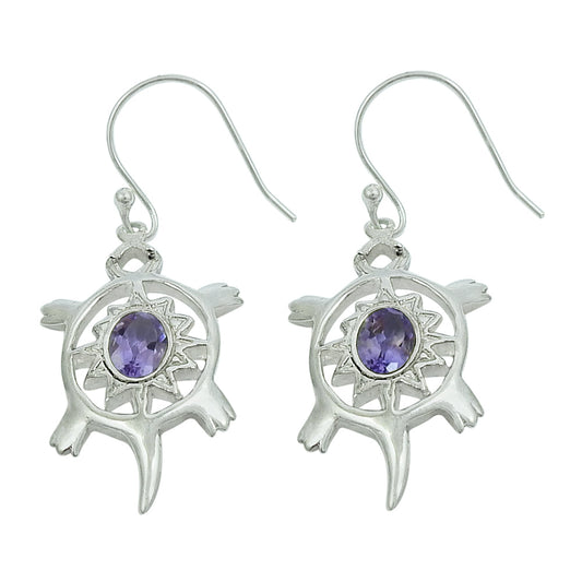 925 Sterling Silver Natural Amethyst Drop Bezel Turtle February Birth Earrings