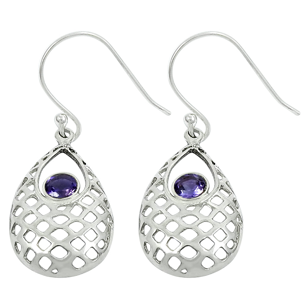 Natural Amethyst Gemstone Drop Dangle Tribal Earrings 925 Silver For Girls D31