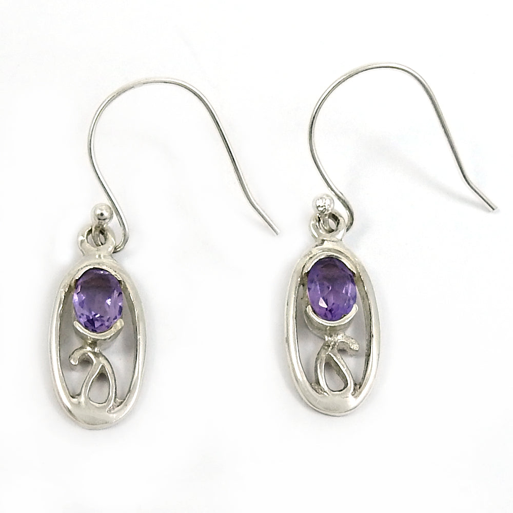 925 Sterling Silver Oval Natural Amethyst Boho Bezel Drop Dangle Trendy Earrings