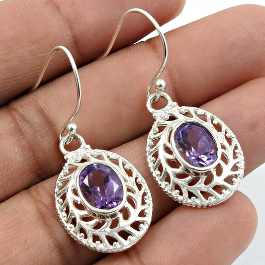 Gift For Her Natural Amethyst Drop Dangle Bohemian Earrings 925 Silver T38