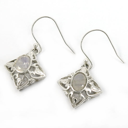 Natural Rainbow Moonstone Drop Dangle Vintage Earrings 925 Silver O18