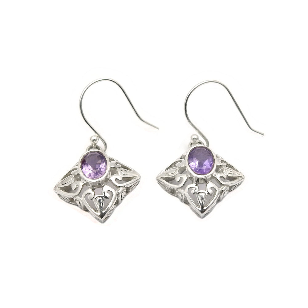 February Birth Oval Natural Amethyst Solid Silver Dangle Drop Hook Wife Earrings