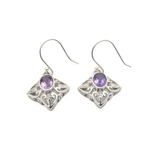 February Birth Oval Natural Amethyst Solid Silver Dangle Drop Hook Wife Earrings