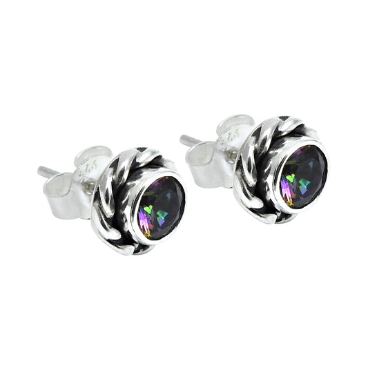 Natural Mystic Topaz Engagement Bezel Stud Handcrafted Boho Earrings 925 Silver