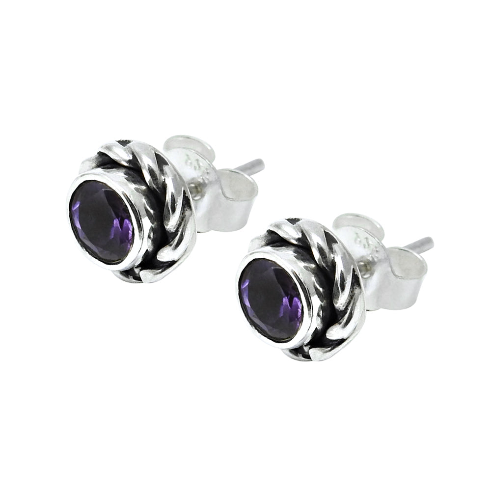 Natural Amethyst February Birth Stud Post Bezel Daughter Earrings Solid Silver