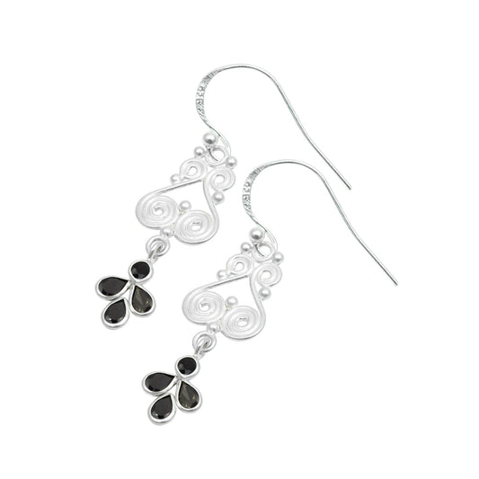 Sterling Silver Natural Black Cz December Bezel Art Deco Dangle Drop Earrings