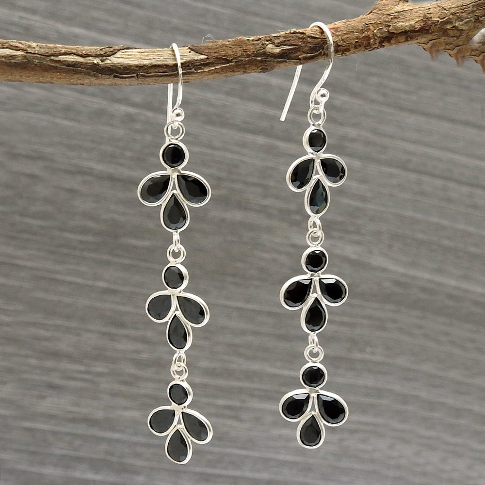 Natural Black Cz Sterling Silver Daughter Dangle Anniversary Bezel Hook Earrings