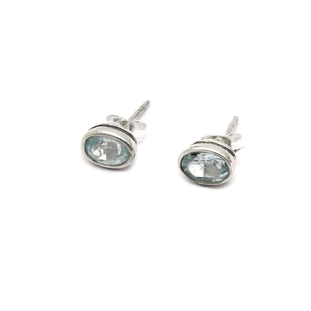 Sterling Silver Oval Natural Blue Topaz Wedding Stud Artisan Bezel Boho Earrings