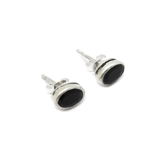 Sterling Silver Oval Natural Black Onyx Stud Post Handmade Friend Gift Earrings