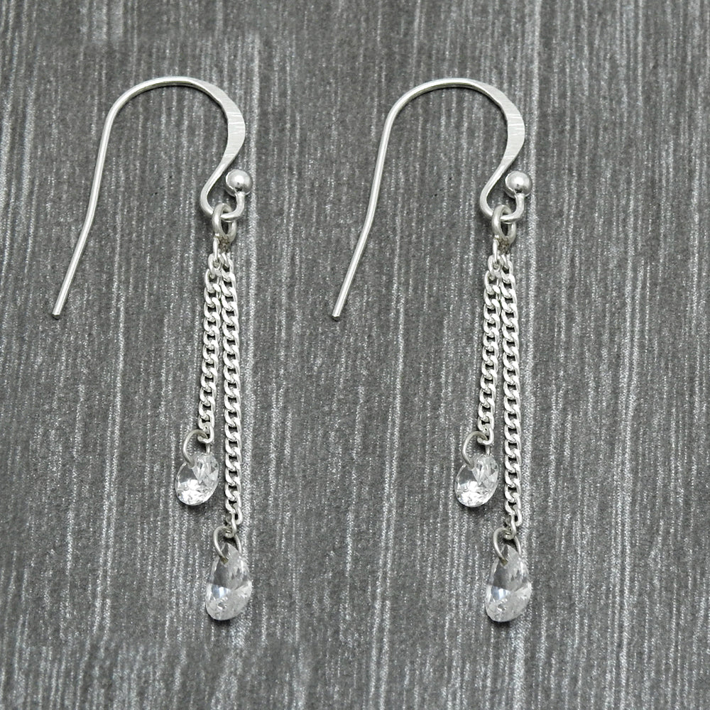 Natural White Cz Sterling Silver Dangle Drop Hook December Birth Bezel Earrings