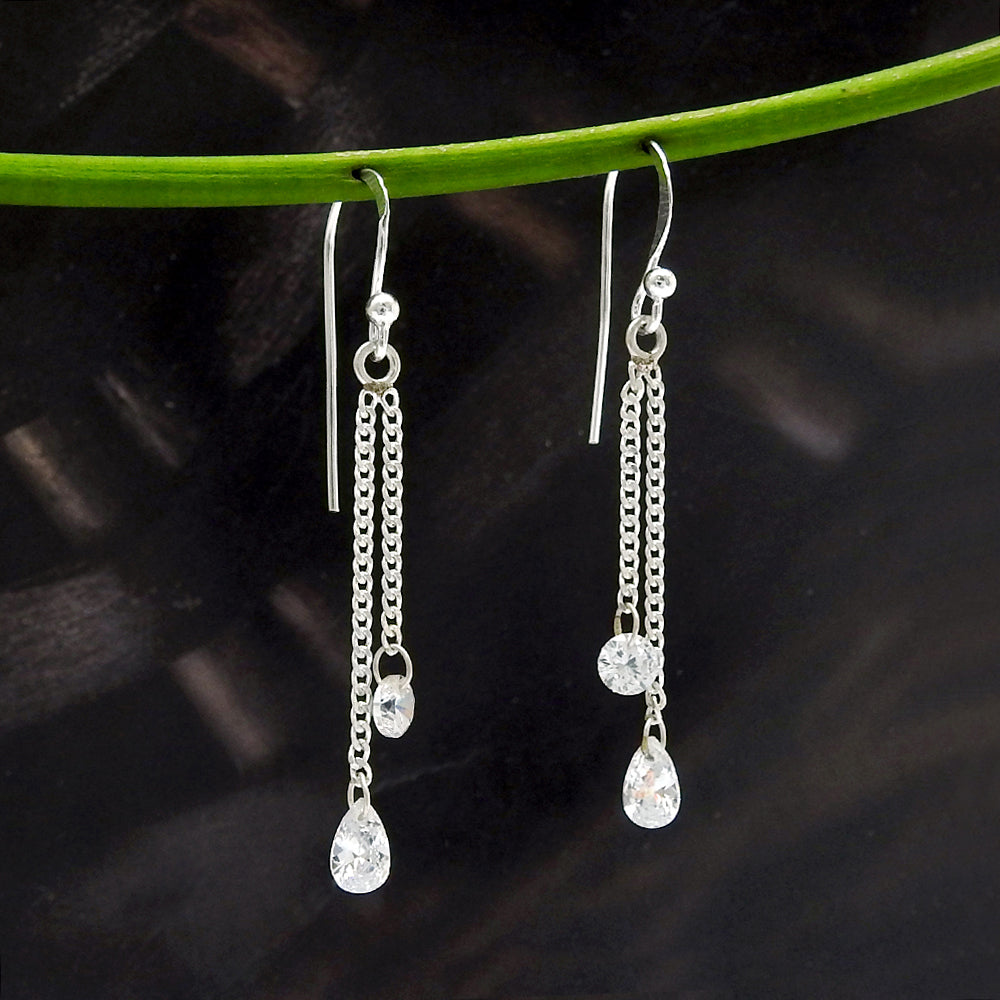 Natural White Cz Sterling Silver Dangle Drop Hook December Birth Bezel Earrings