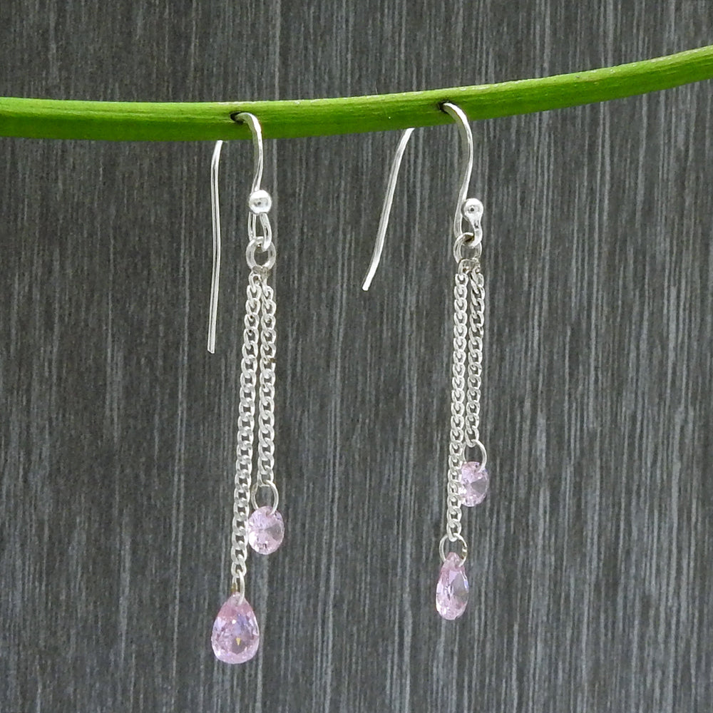 Sterling Silver Natural Pink Cz Artisan Dangling Wife Wedding Hook Boho Earrings