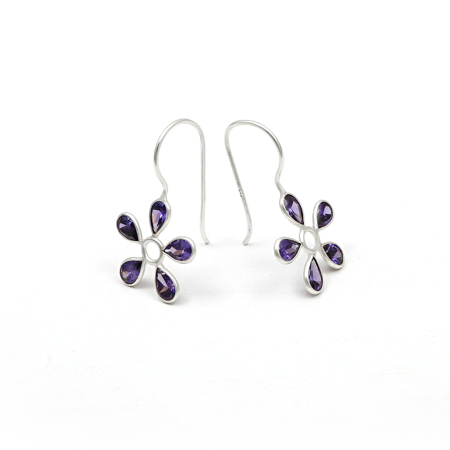 Solid 925 Silver Natural Amethyst Gemstone Flower Earrings