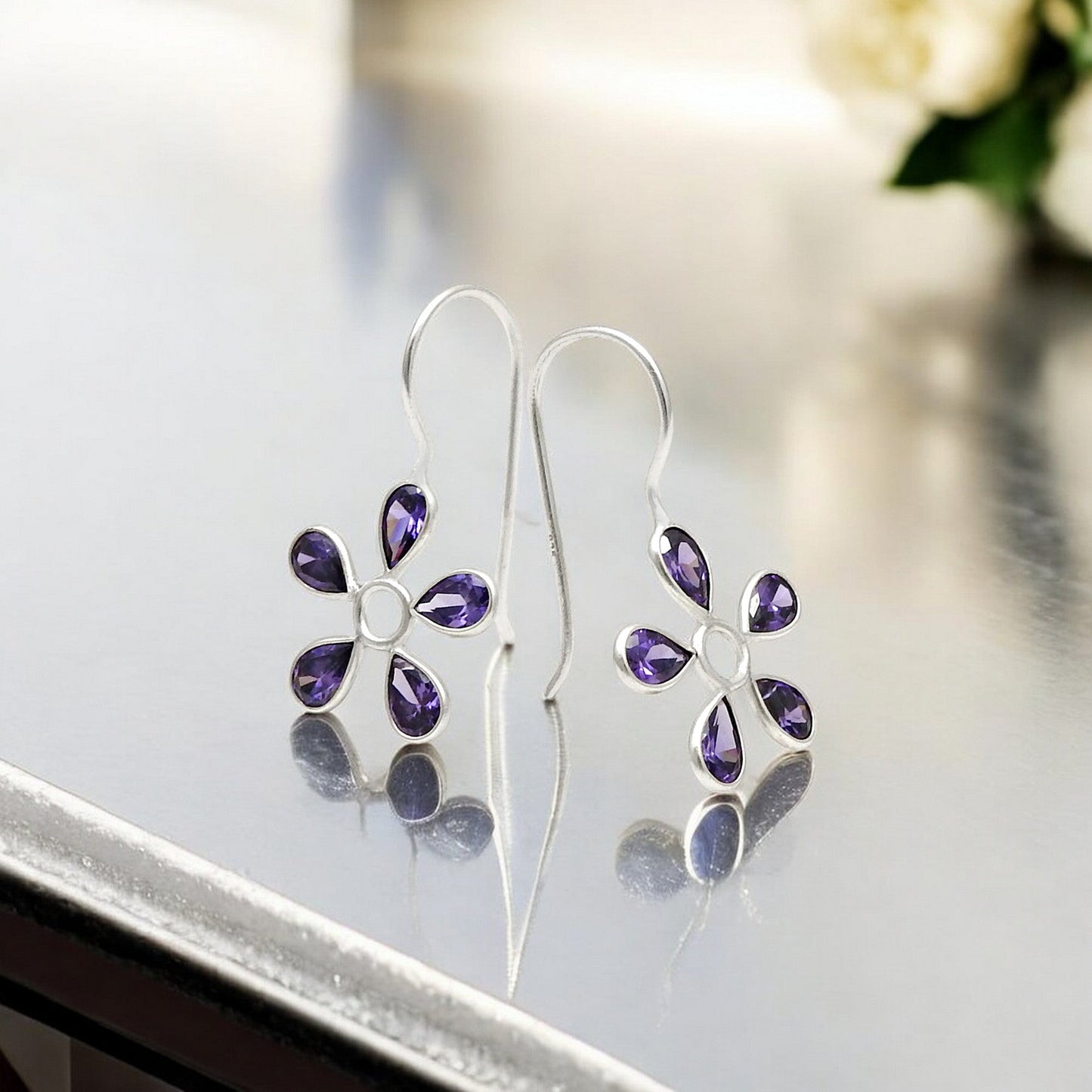 Solid 925 Silver Natural Amethyst Gemstone Flower Earrings