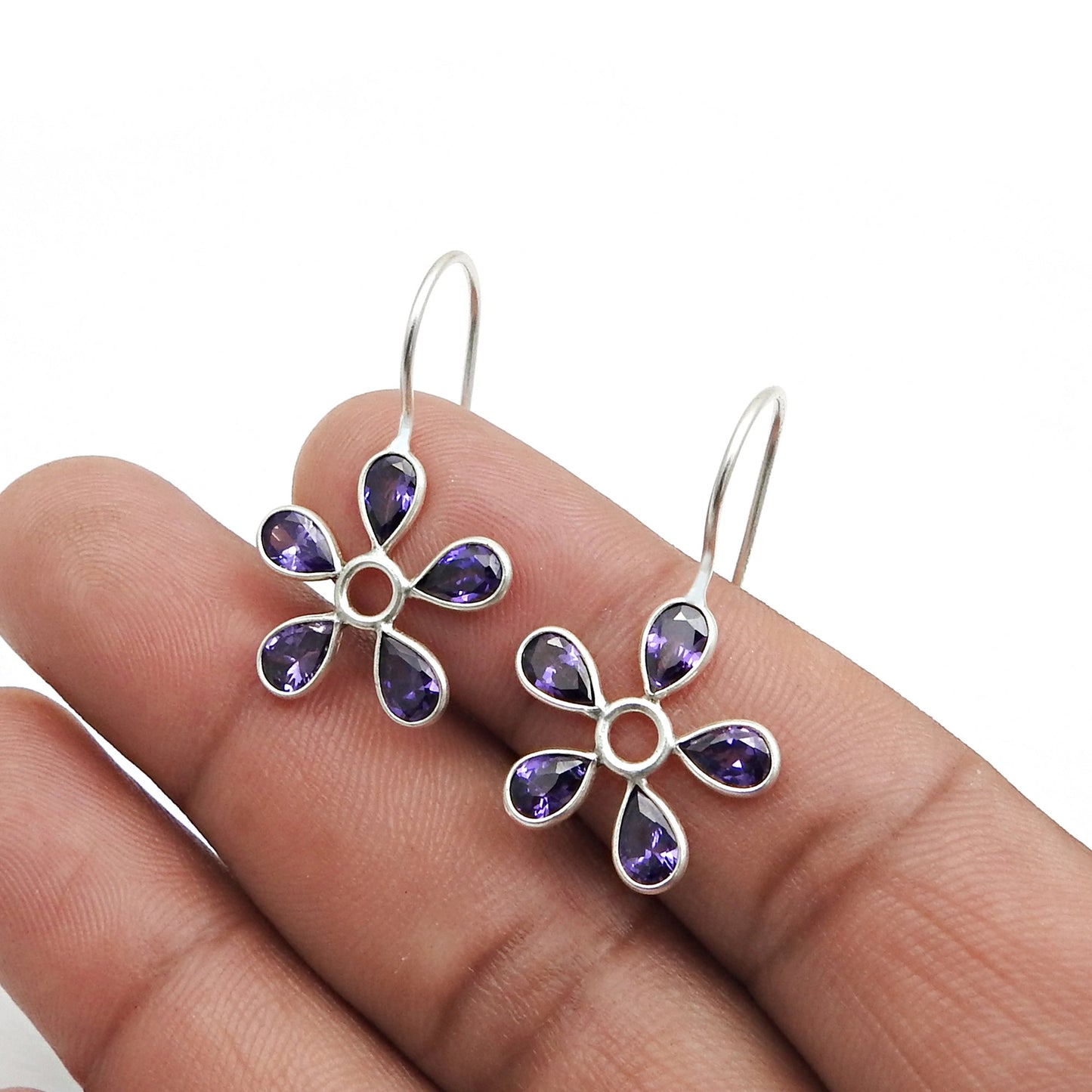 Solid 925 Silver Natural Amethyst Gemstone Flower Earrings