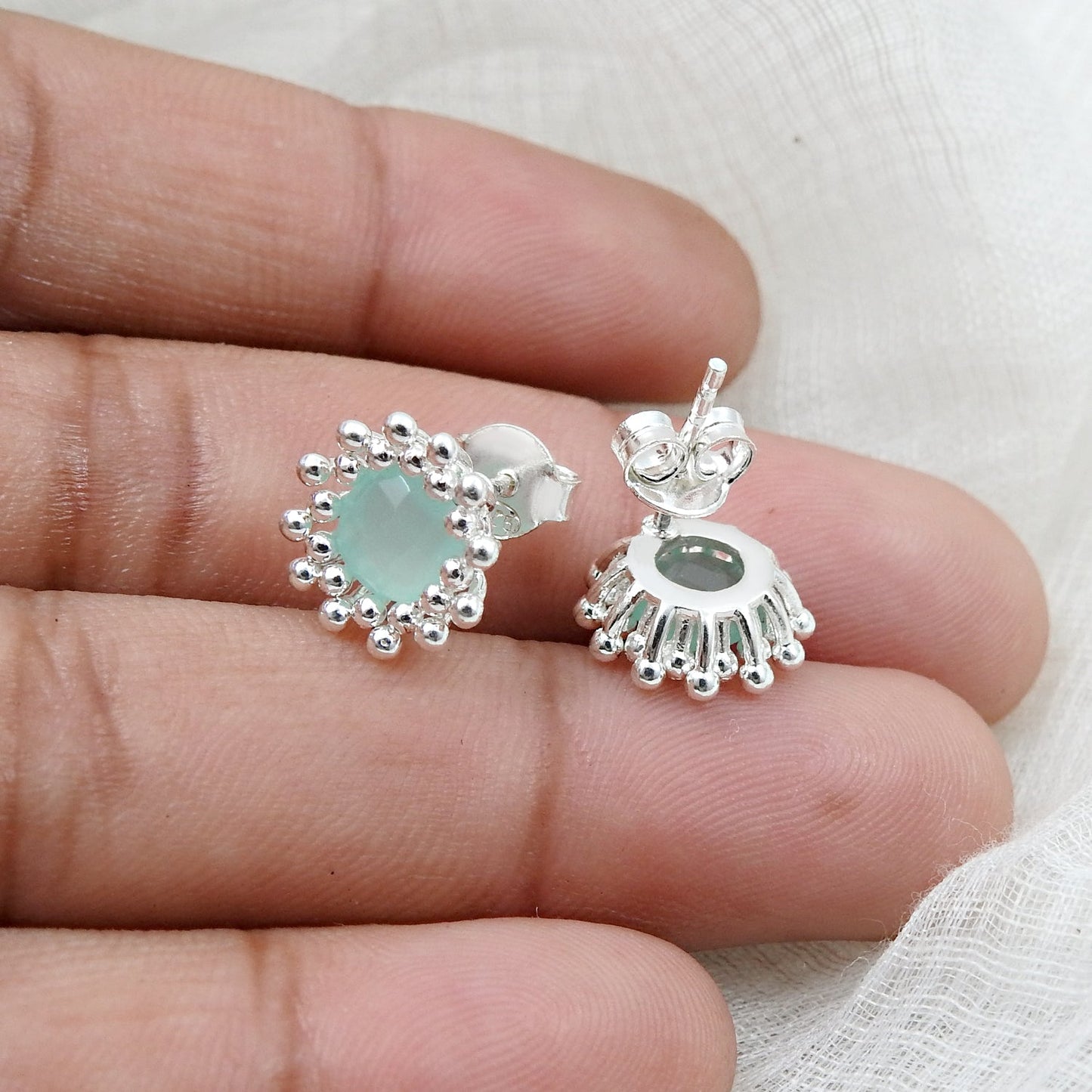 Blue Chalcedony Gemstone 925 Sterling Silver Handmade Stud Earrings