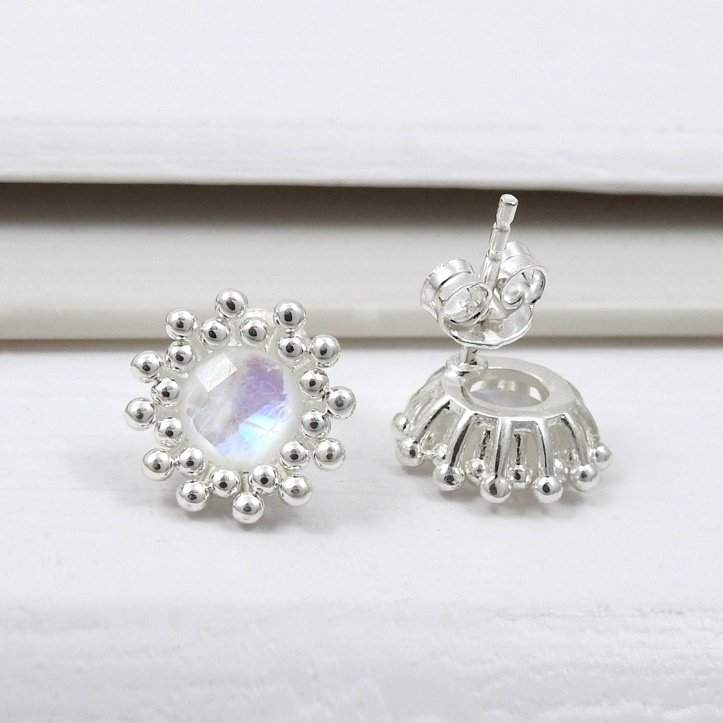 Rainbow Moonstone Sterling Silver Minimalist Stud Earrings