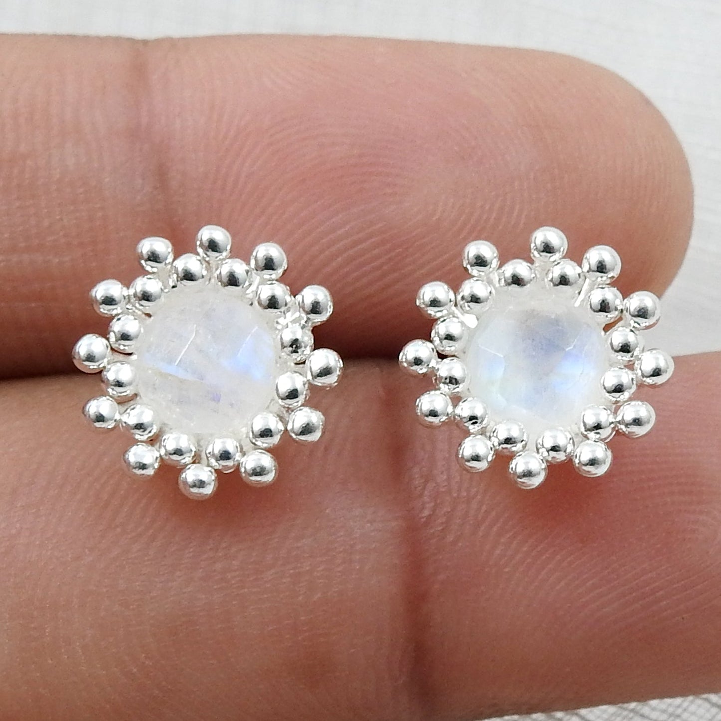 Rainbow Moonstone Sterling Silver Minimalist Stud Earrings