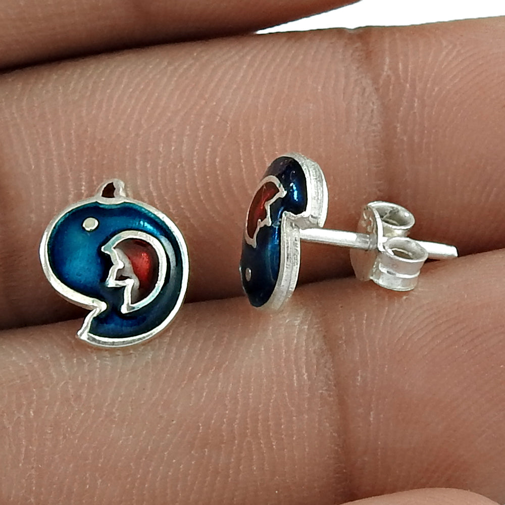 925 Sterling Silver Blue Enamel Bird Design Stud Earrings
