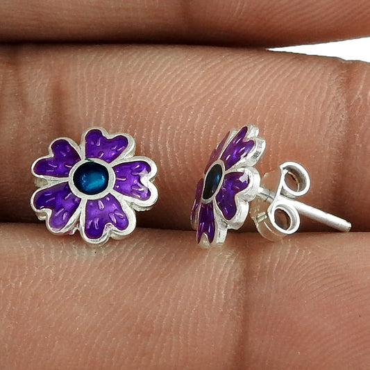 925 Sterling Silver Enamel Flower Stud Earrings For Women