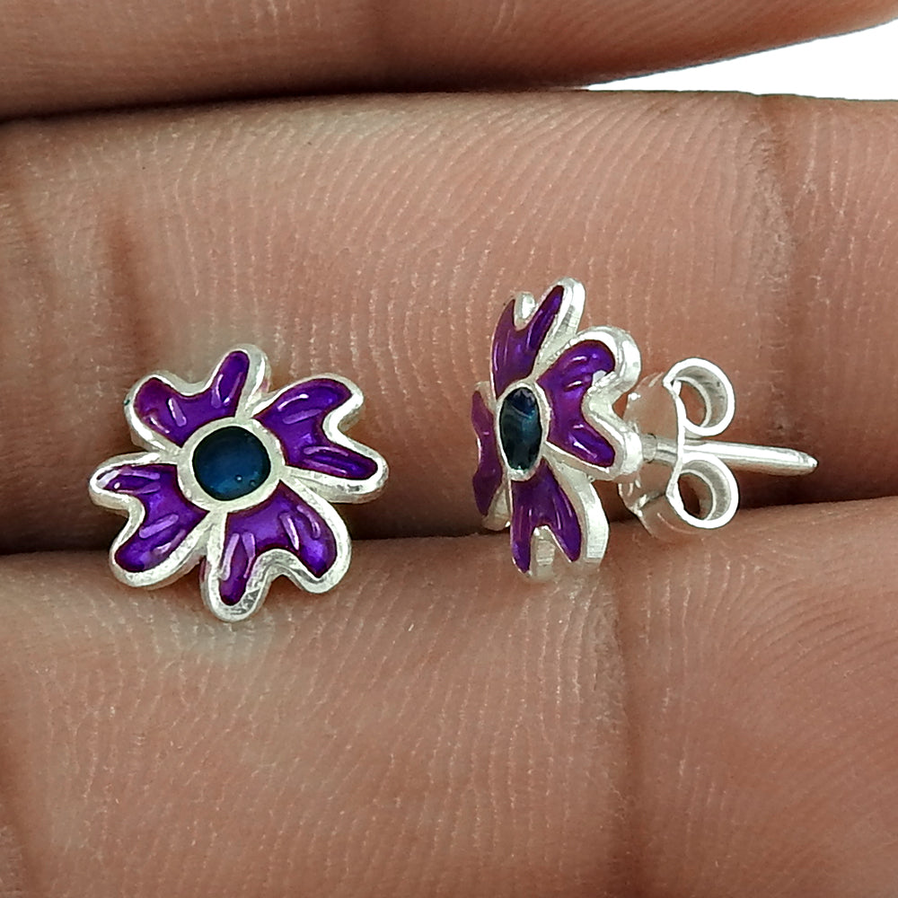 Flower Stud Earrings Solid 925 Sterling Silver Enamel Jewelry