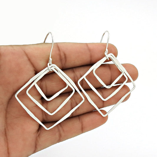 Solid 925 Silver Hanging Squares Handmade Earrings
