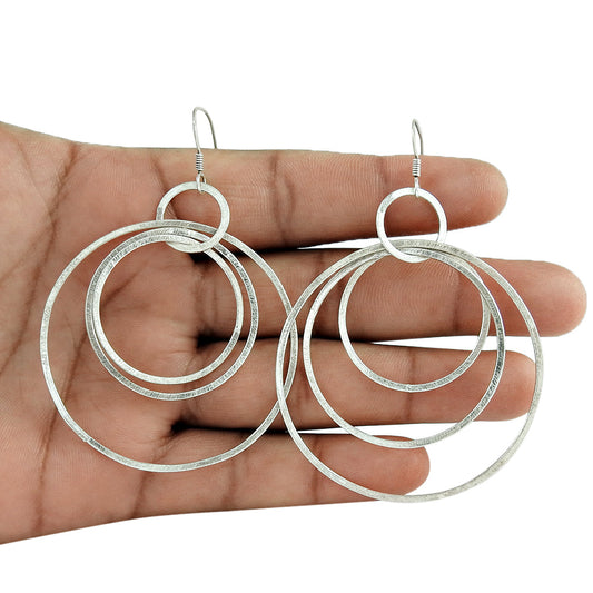 Solid 925 Silver Geometric Circle Dangle Earrings